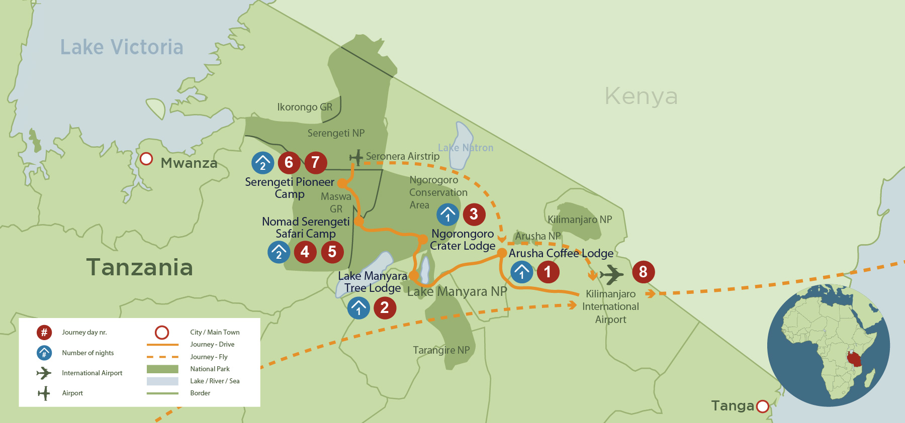 Wet season Tanzania - best value migration safari (EA 8 days) safari map