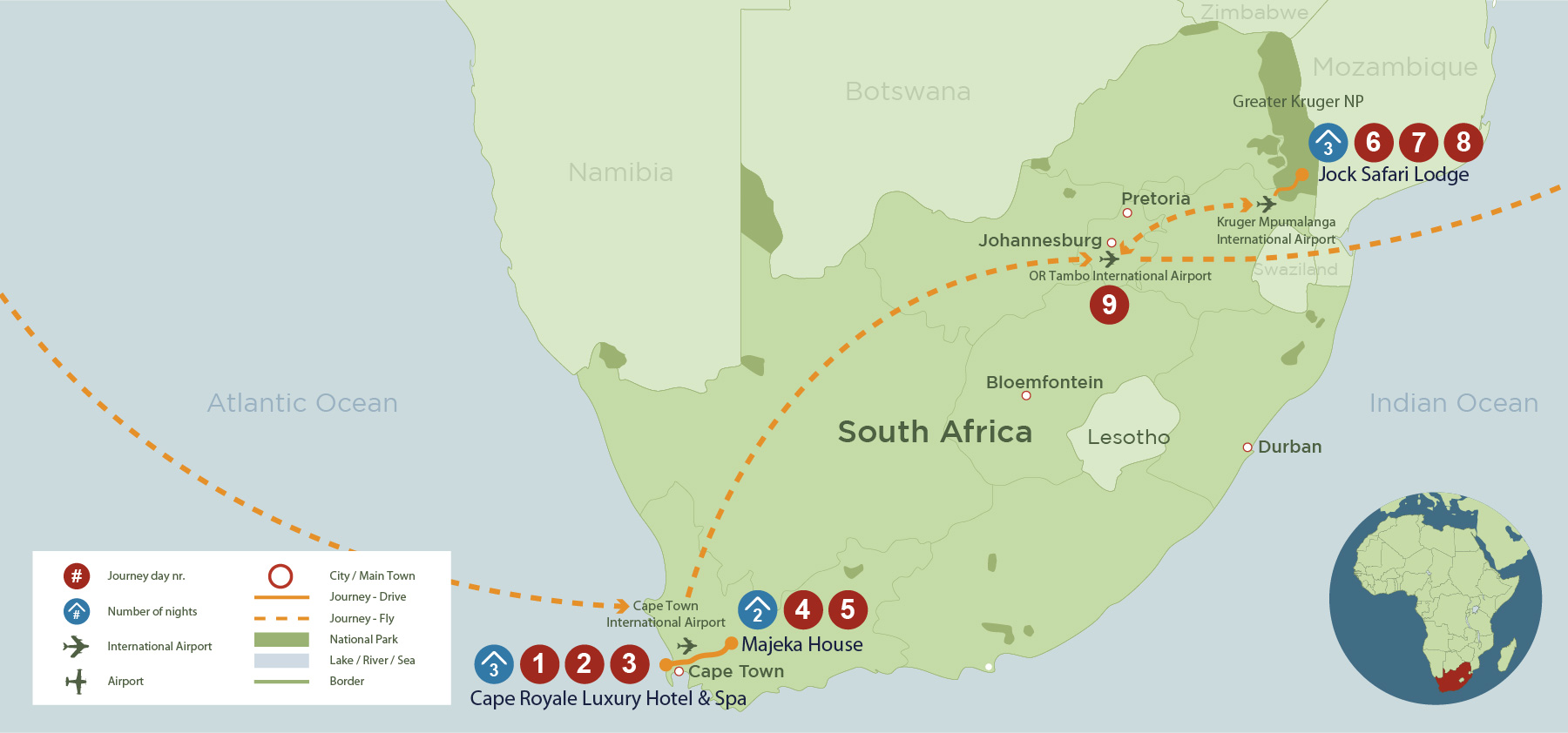 Cape Town, the Winelands and Kruger Luxury Journey (9 days) safari map