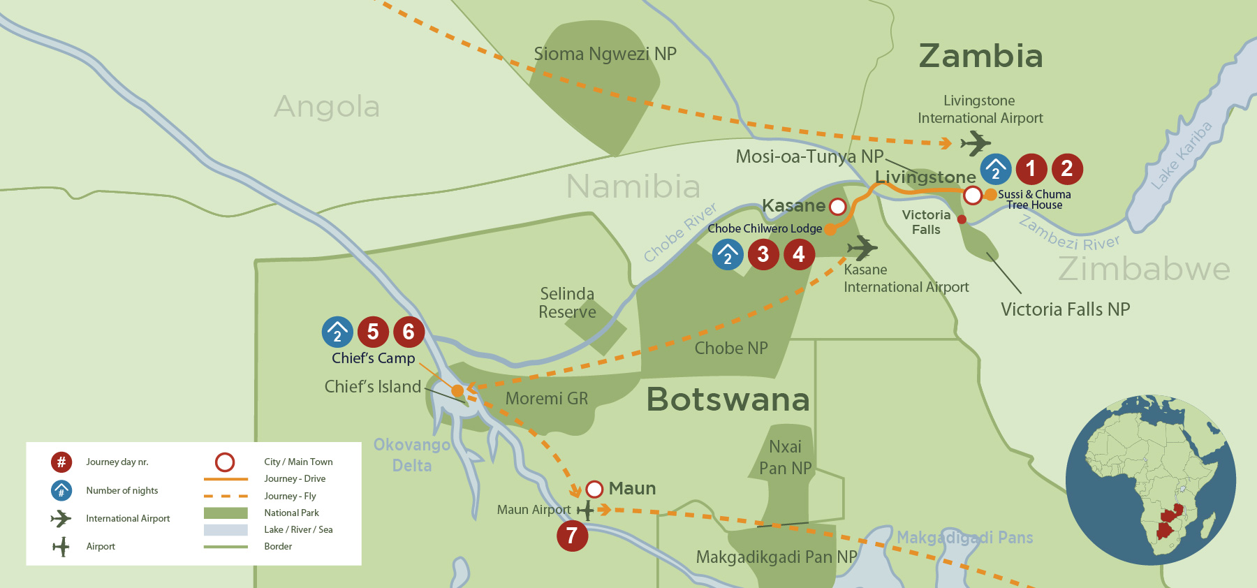 Victoria Falls, Okavango Delta and Chobe Safari (7 days) safari map