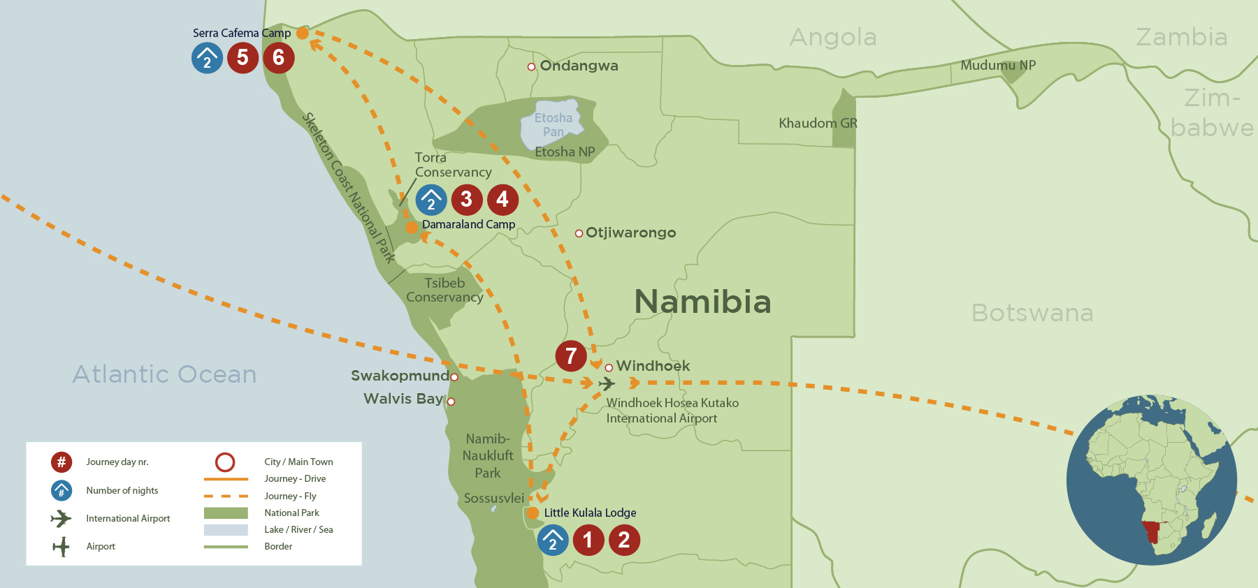 Namibia’s Sossusvlei, Damaraland and Kunene Luxury Safari (7 days) safari map