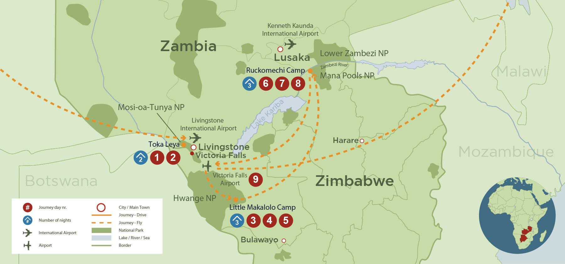 Jewels of Zimbabwe and Zambia Safari (9 days) safari map